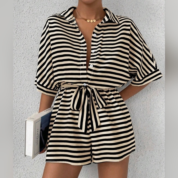 Lovely Rosetta Pants - Tan Striped Tie Waist Romper